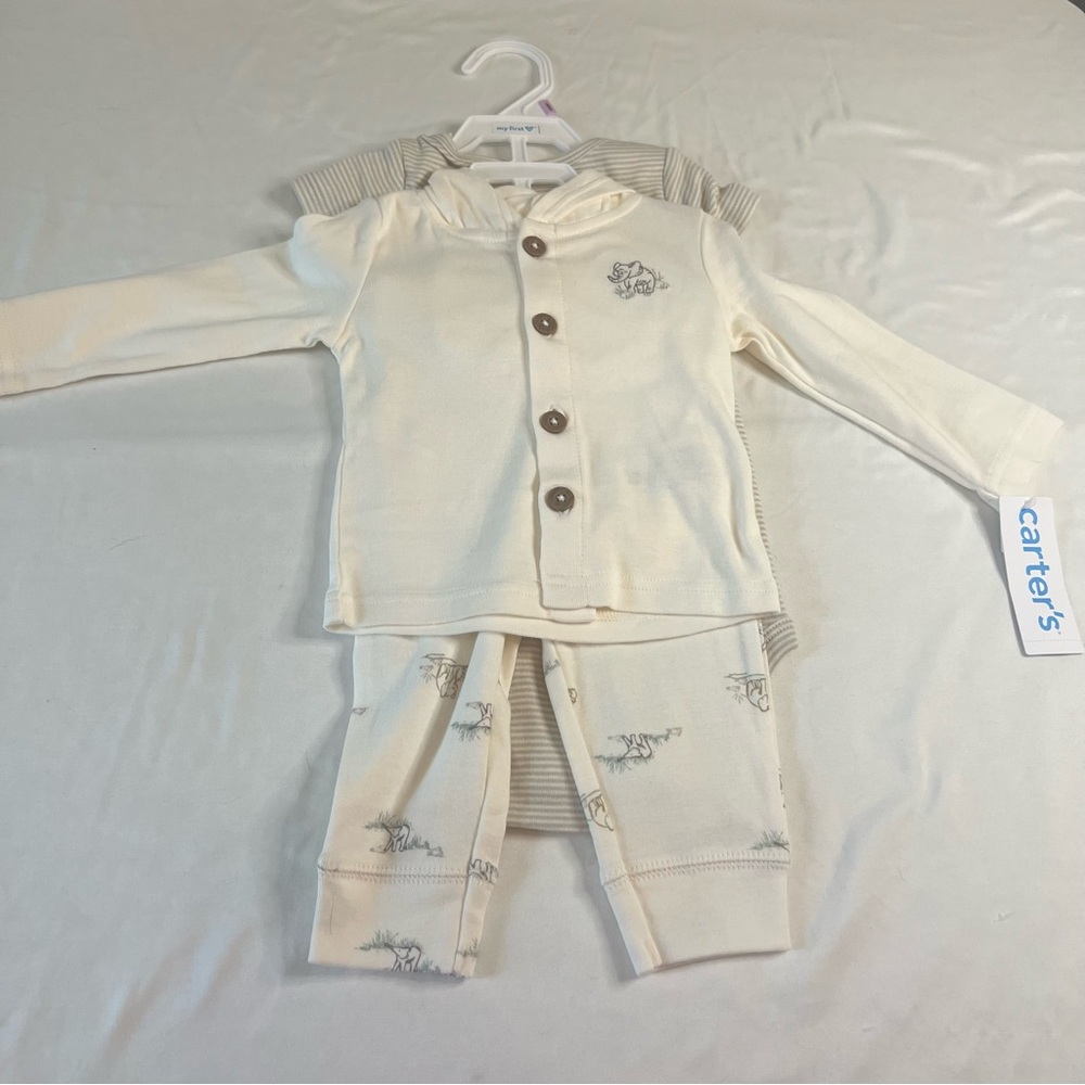 NWT Carter’s Baby 3 Piece Outfit Set 9M Neutral Safari Cardigan Pants Bodysuit